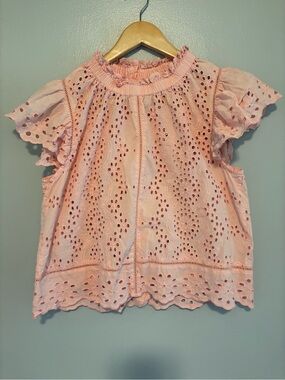 Jennifer & Grace Pink Eyelet Ruffle Neck Blouse